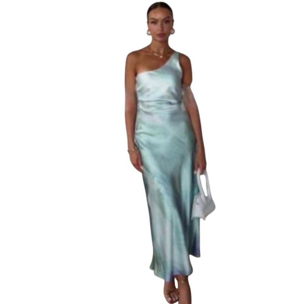 Zara blue green satin effect one shoulder draped midi dress Medium